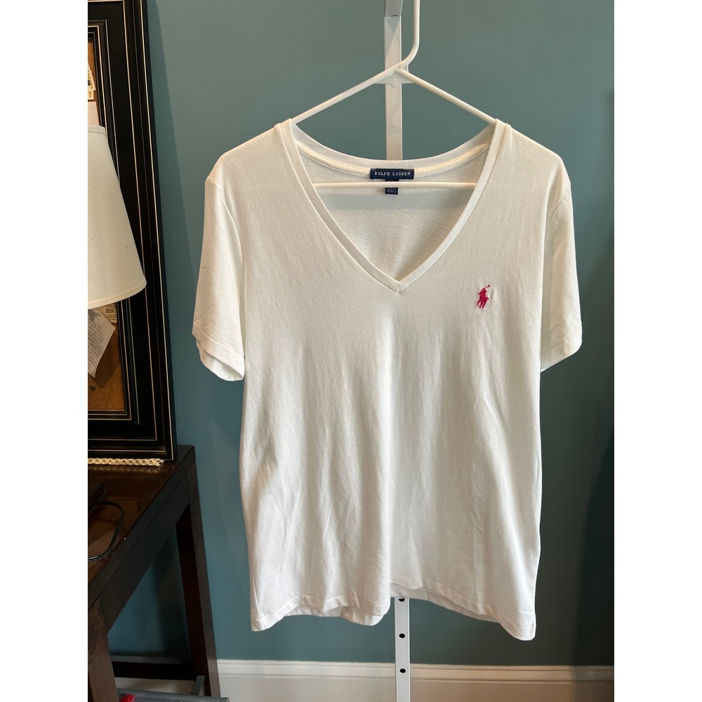 Ralph Lauren T-Shirt Women XL White V-Neck Short Sleeve Pink Pony Logo Cotton